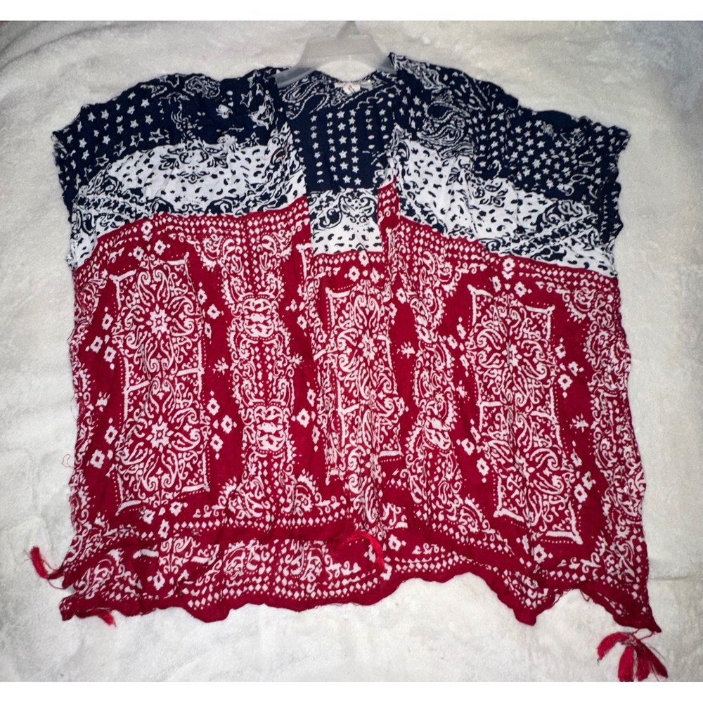 Quagga Bandana Print Kimono Open Front Cover Up Red White Blue‎